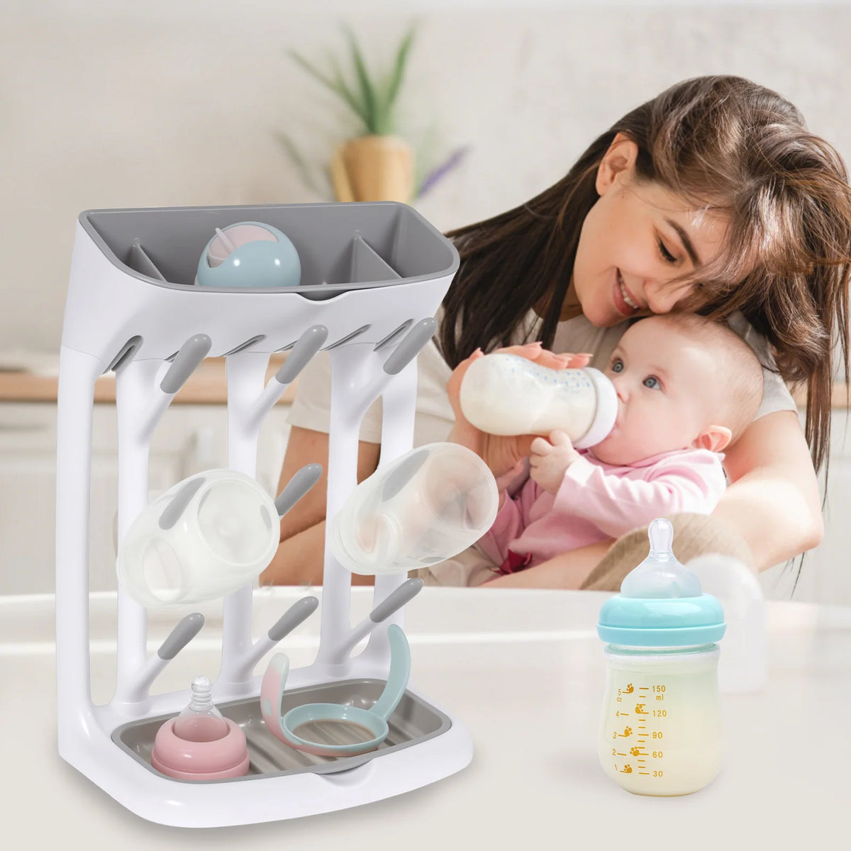 Angled-Holder Baby Bottle Drying Rack with Top Accessory Storage and Detachable Drain Tray, ABS and PP Countertop Feeding Organizer