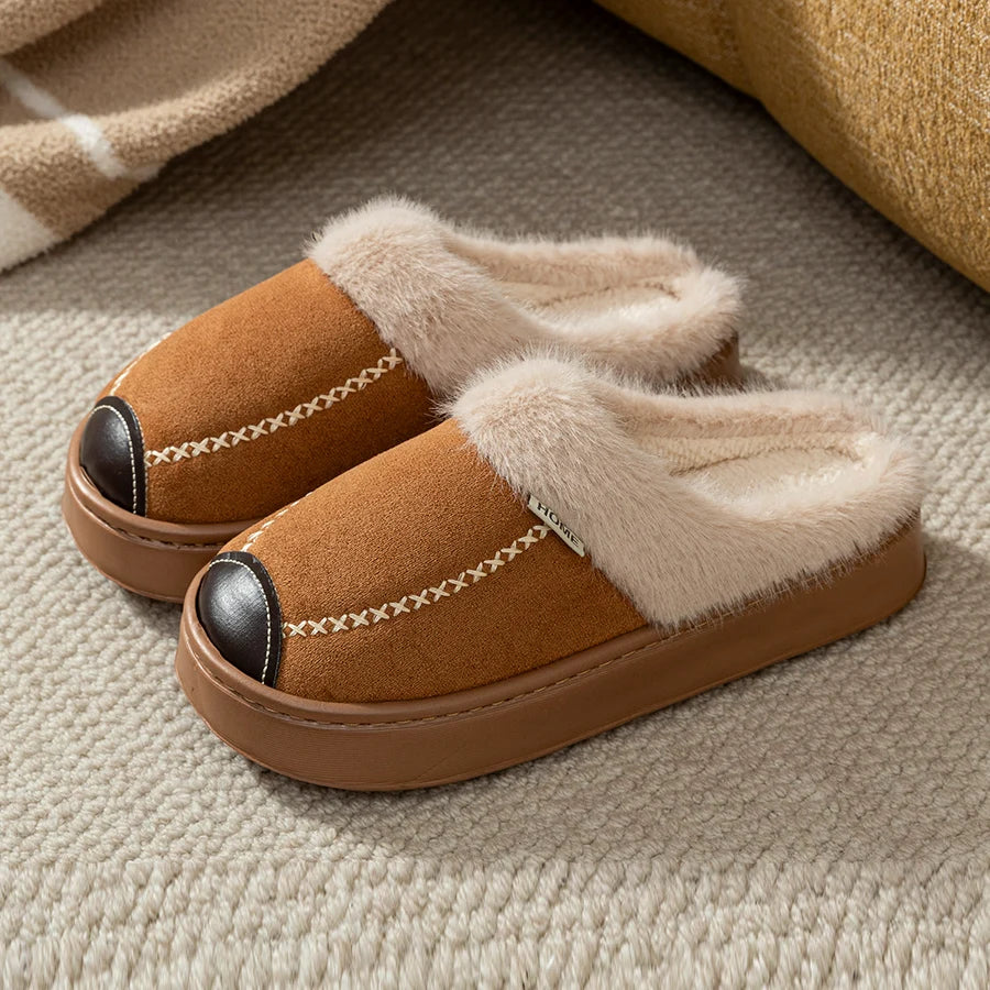 Plush Lined House Slippers with Thick Soles and Decorative Stitching, Cozy Slip-On Indoor Home Shoes in Brown, Beige or Black, Sizes 36-45