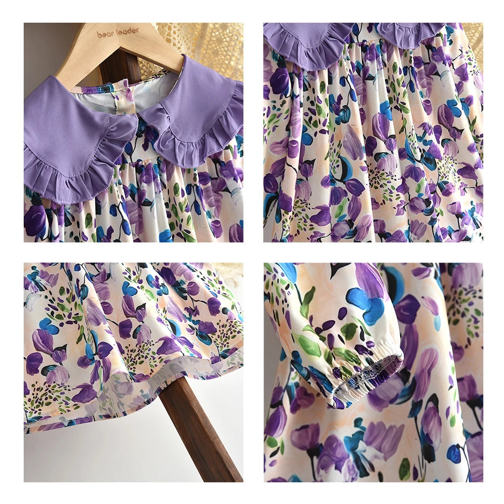 Toddler Girls Floral Dress with Oversized Collar and Long Sleeves, Bear Leader Outfit in Sizes 2T–6T for Spring, Fall and Family Photos