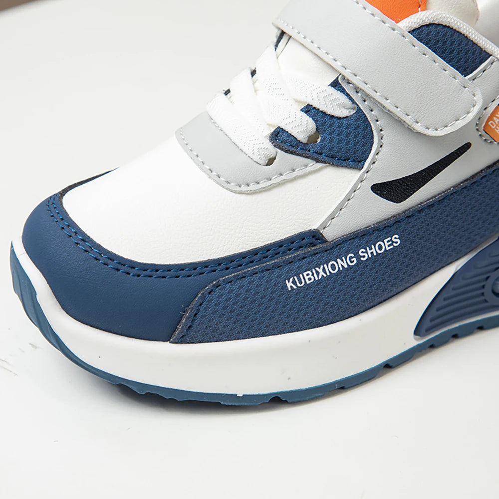 Color-Block Kids Running Shoes with PU Leather Upper, Soft Rubber Sole and Strap Closure for Boys and Girls, School Days and Outdoor Play
