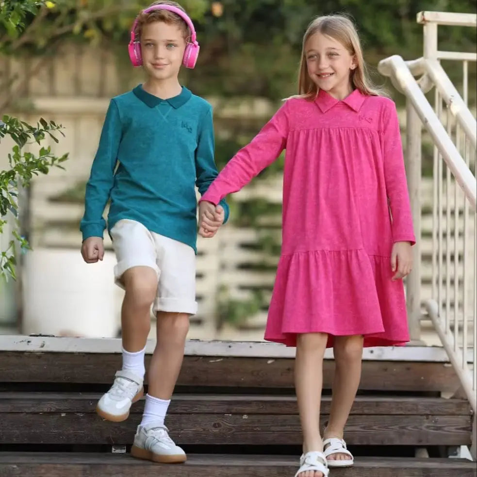 Rose Pink and Blue Kids Coordinated Outfits, Girls Dress, Boys Tops and Baby Set or Footie Options for Sibling Photos and Family Visits