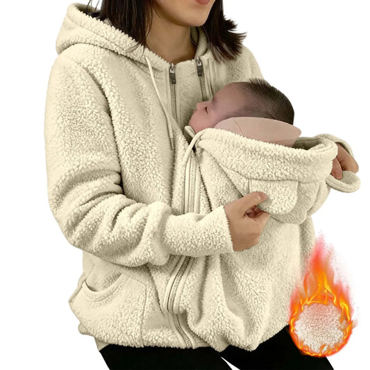 Maternity Babywearing Fleece Jacket with Zip Front and Baby Panel, Cozy 2-in-1 Pregnancy and Postpartum Hoodie for Fall and Winter
