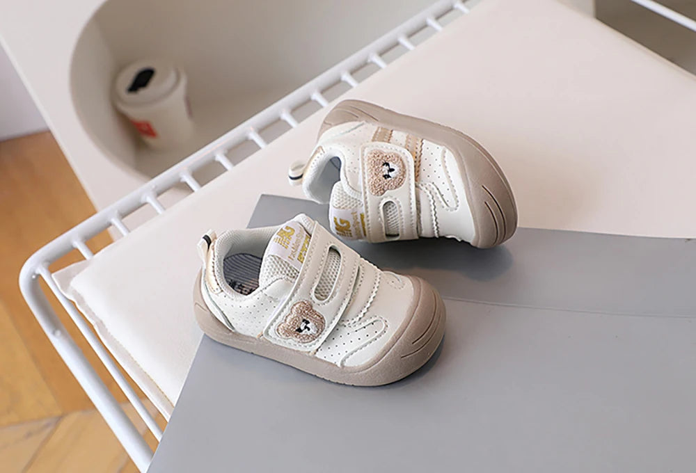 Toddler Bear Sneakers with Hook-and-Loop Strap, Perforated Upper and Striped Sides, Baby Boys and Girls Casual Shoes in Black Gold or Red, Sizes 16-25