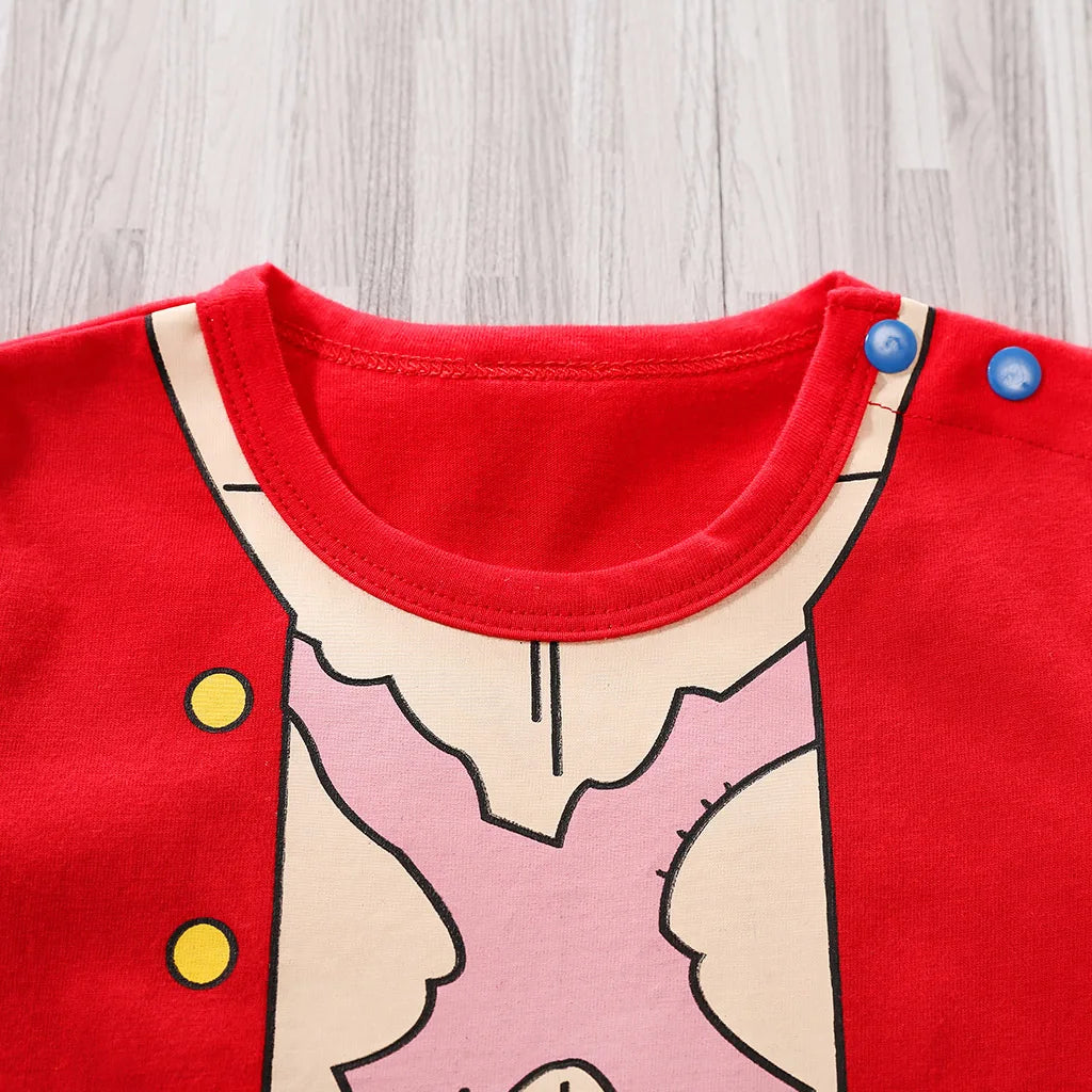 Pirate Costume Baby Romper, Red and Blue Cotton Short Sleeve One-Piece with Printed Vest and Yellow Sash for Anime Photos, 0-18M