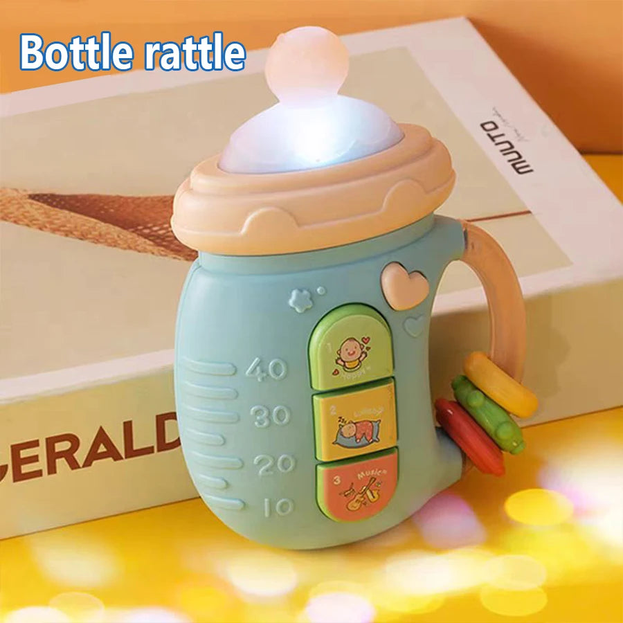 Bottle-Shaped Musical Baby Rattle with Light-Up Top, Three Picture Buttons and Colorful Handle Rings for Supervised Sensory Play and Gifts