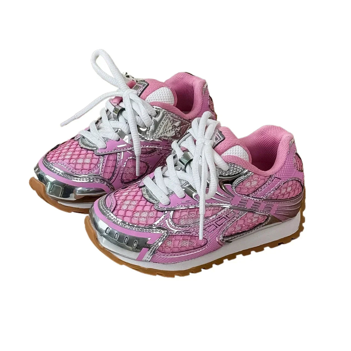 Kids Mesh Sneakers with Metallic Orbit Styling, Lace-Up Casual Walking Shoes in Pink or Silver with Rubber Soles for Everyday Outfits
