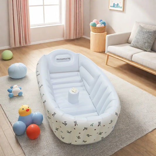 Portable Baby Bath Tub with Built-In Air Pump, Inflatable PVC Bathtub in Animal and Olive Prints for Home Bathing and Family Travel