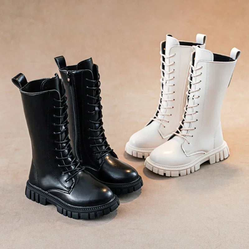 Girls Lace-Up Combat Boots with Side Zipper, Round Toe and Chunky Tread Sole, Mid-Calf Fashion Boots in Black or Beige for Fall and Winter Casual Outfits