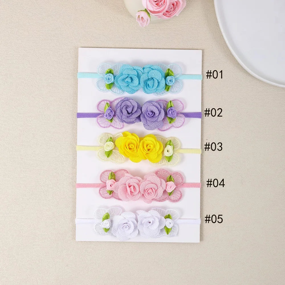 Flower Baby Headbands, 5-Piece Nylon Elastic Band Set with Layered Fabric Roses and Mesh Butterfly Accents for Supervised Outfit Photos
