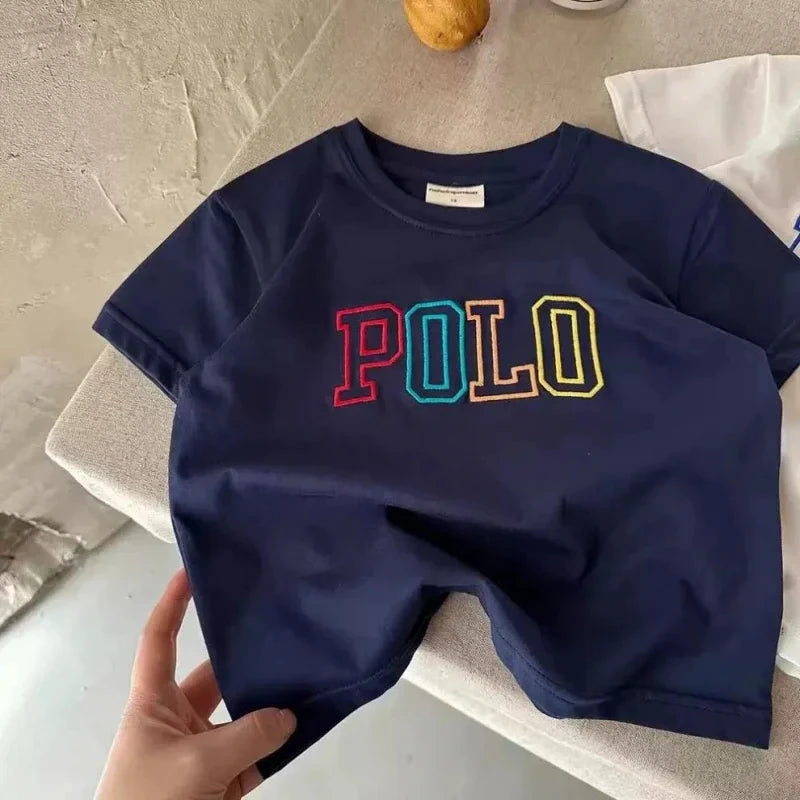 Kids Letter Print T-Shirt in Cotton with Colorful Outlined Graphic, Short Sleeve Crewneck Summer Top for Casual Outfits and Family Outings