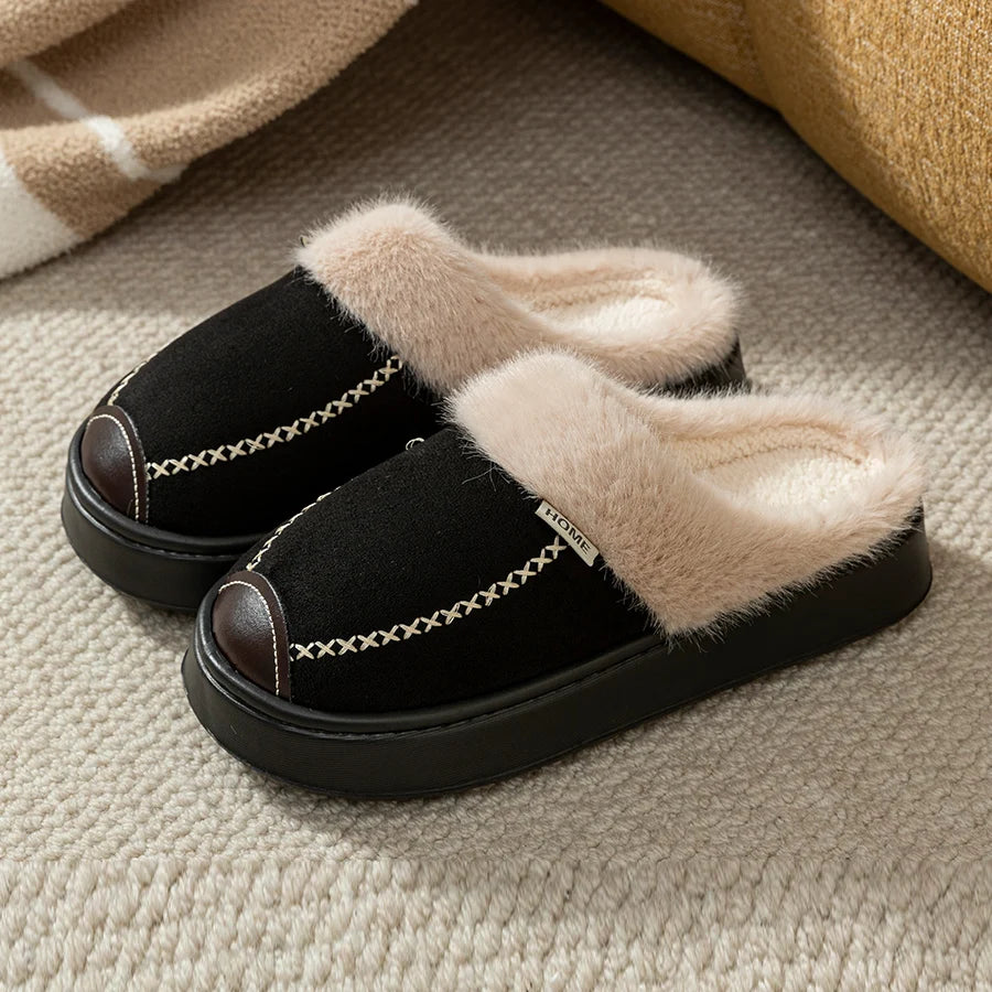 Plush Lined House Slippers with Thick Soles and Decorative Stitching, Cozy Slip-On Indoor Home Shoes in Brown, Beige or Black, Sizes 36-45