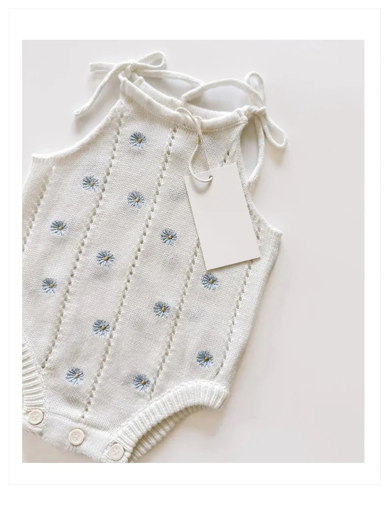 Sleeveless Baby Girl Bodysuit with Floral Cotton Knit and Tie Shoulders, White Openwork Summer One-Piece Outfit for Family Photos, 0-24M