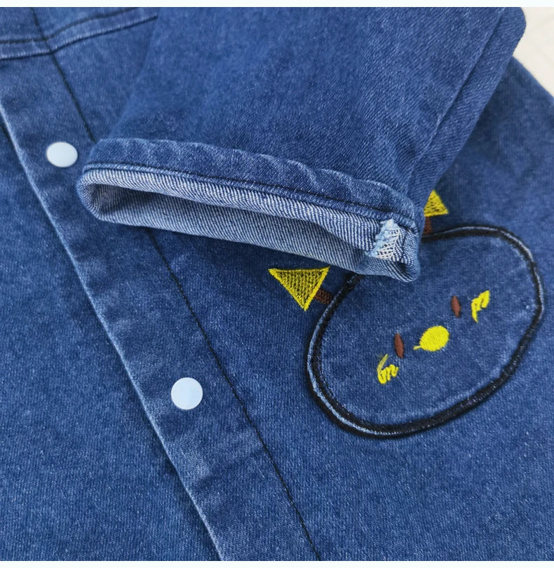 Collared Baby Denim Romper by IENENS with Chest Pockets and Snap Fastenings, Blue Long Sleeve One-Piece Outfit for Boys and Girls in 0-18M Sizes