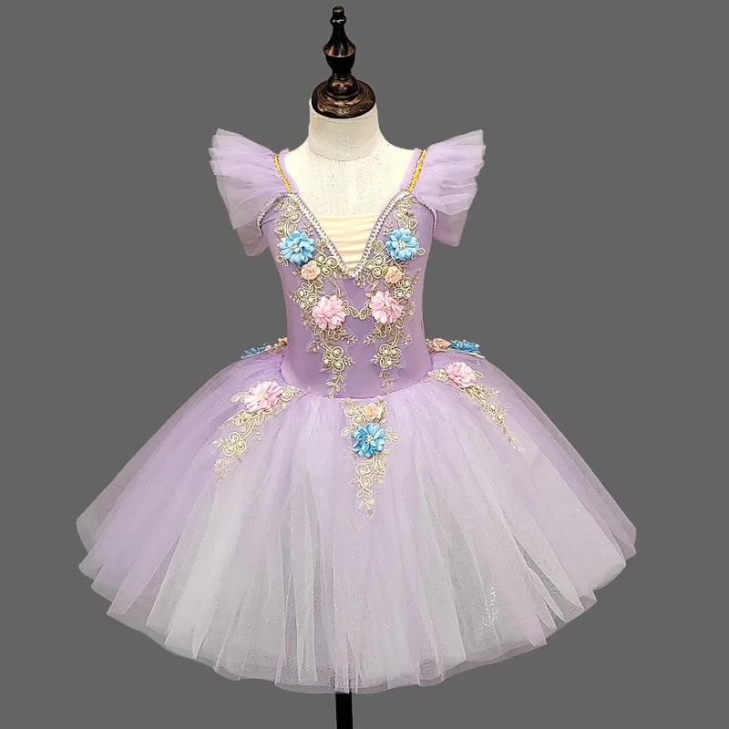 Floral Girls Ballet Tutu Dress with Ruffled Shoulders and Layered Skirt for Dance Recitals, Stage Performances and Group Costumes, Sizes 110-160