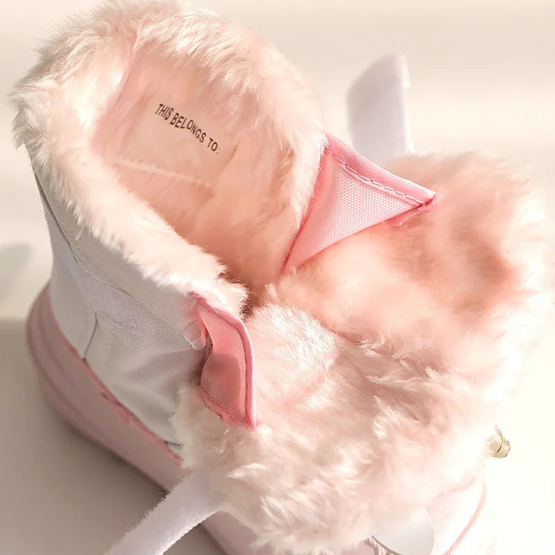Kids Unicorn Winter Boots with Plush Trim, Gold-Tone Horn and Ear Details, Pink and White Fantasy-Themed Cold-Weather Footwear for Girls