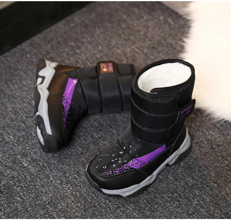 Kids Plush-Lined Winter Boots with Padded Shafts and Front Flap Closures, Pink or Purple Snow-Style Footwear for Boys and Girls