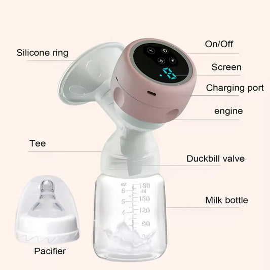 Single Electric Breast Pump in Pink with Integrated Bottle Design, Digital Control Panel, Charging Cable and Accessories for Nursing Moms