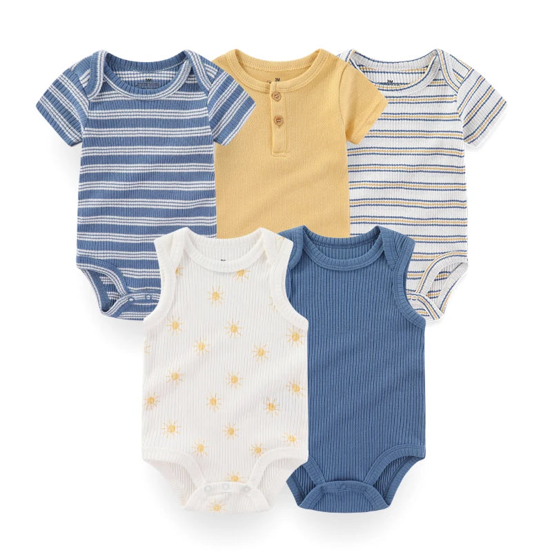 Cotton Baby Bodysuit Set of 5, Short Sleeve and Sleeveless Infant Clothing Styles with Solid Colors and Prints for Boys and Girls, 3M-12M