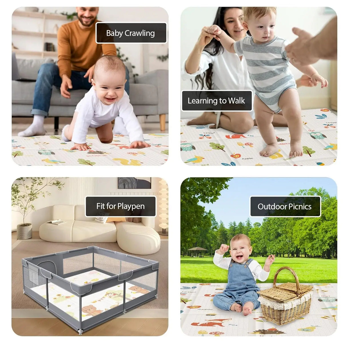 Fold-and-Carry Baby Play Mat with Double-Sided Illustrated Prints, Wipe-Clean Foam Floor Rug and Storage Bag for Supervised Tummy Time and Crawling