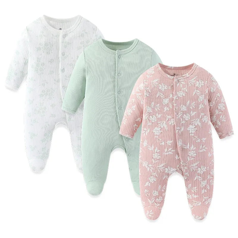 Baby Footed Jumpsuits 3-Pack, 100% Cotton Long Sleeve Cartoon Rompers for Newborn Boys and Girls, Fall and Winter Everyday Outfits