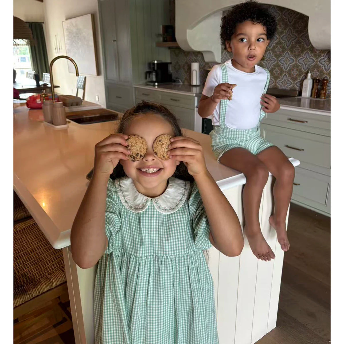 Sage Green Gingham Kids Outfits with Cotton Girls Dress and Baby Romper Options, Lyocell Knit Layers and Boys Separates for Sibling Family Photos