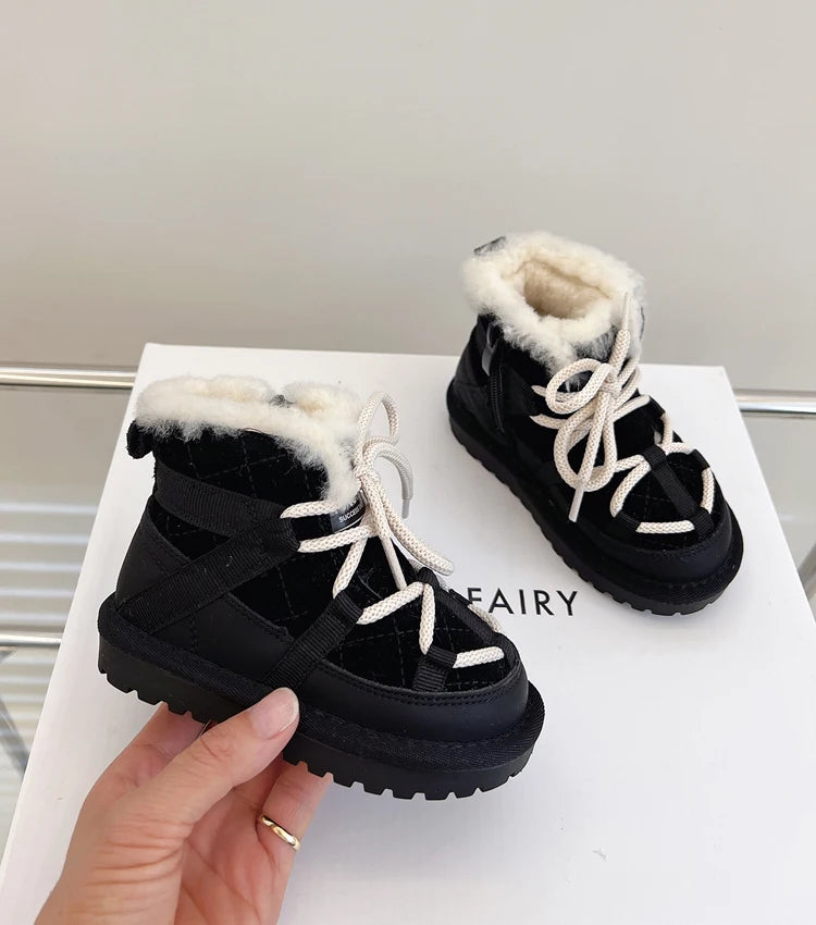 Plush-Lined Toddler Ankle Boots with Lace-Up Front and Side Zipper, Camel or Black Winter Shoes for Boys and Girls, Sizes 18-30