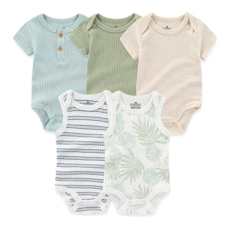 Cotton Baby Bodysuit Set of 5, Short Sleeve and Sleeveless Infant Clothing Styles with Solid Colors and Prints for Boys and Girls, 3M-12M