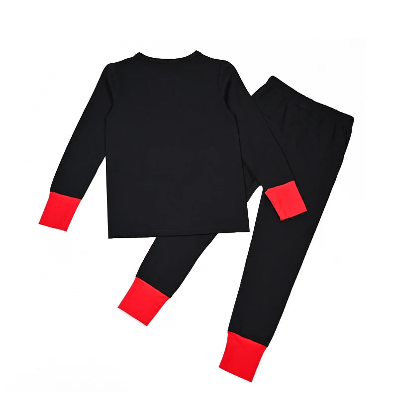 Kids Matching Pajamas with Red Cuffs and White Character Graphics, Black Sibling Outfit Styles with Two-Piece Sets, Nightgown and Footie Options