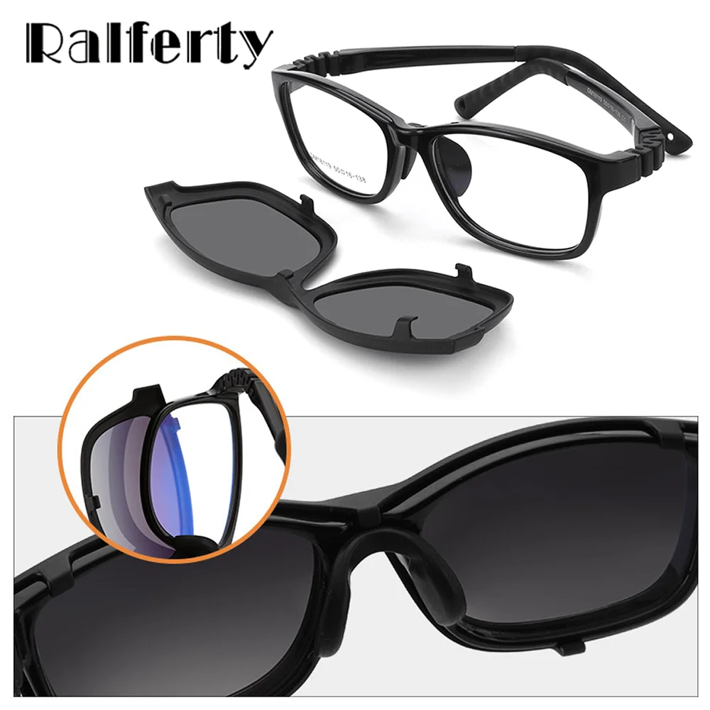 Kids Clip-On Sunglasses by Ralferty, 2-in-1 Children's Eyeglass Frame with Polarized Sun Clip for Everyday Outings and Family Travel