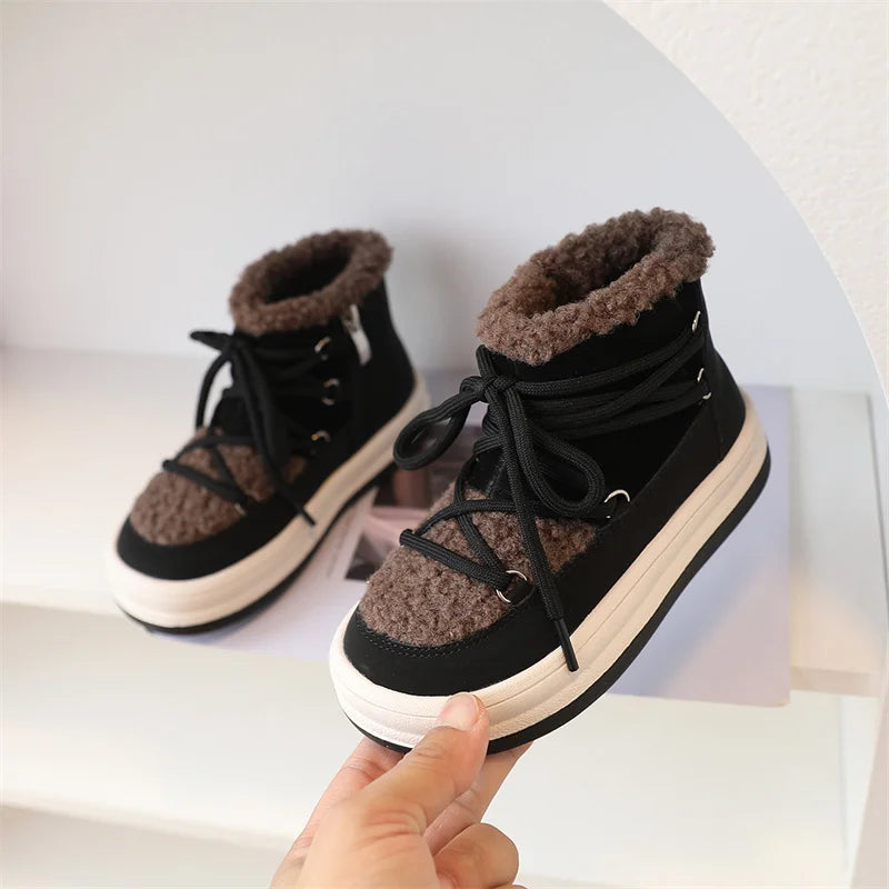 Toddler Fuzzy Trim Ankle Boots with Lace-Up Front and Side Zippers, Plush Winter Styling and Rubber Soles for Boys and Girls, Sizes 21–30