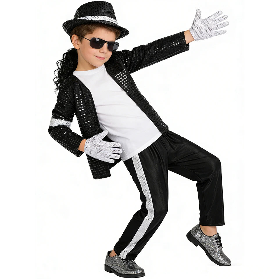 Kids Pop Star Costume with Black Sequin Jacket and Pants Set Options, Retro Dance Performance Outfit for Halloween and Parties, Sizes S-XL