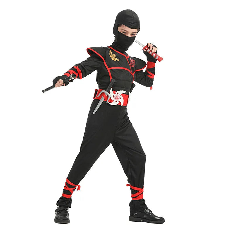 Kids Ninja Dress-Up Costume with Hooded Top, Pants and Toy Accessories, Polyester Halloween Party Outfit for Pretend Play, Sizes S-XL