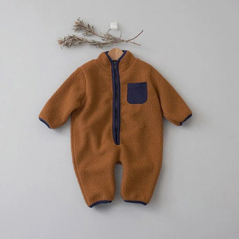 Zip Front Baby Fleece Romper by MILANCEL with Contrast Chest Pocket, Long Sleeve Footless One-Piece Outerwear in Brown, Beige and Green, 3-24M