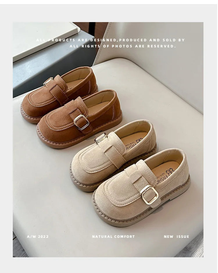 Girls Buckle Loafers with Rounded Toe and Stitched Detail, Brown or Khaki Casual Flats for School Outfits, Spring and Fall Days