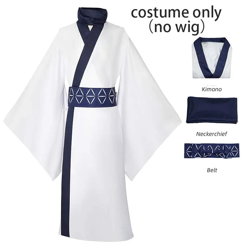 Ryomen Sukuna Cosplay Costume for Adults, White Kimono-Style Robe with Dark Trim, Neckwear and Patterned Waist Belt for Halloween and Anime Events