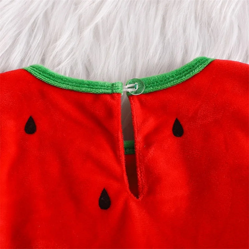 Baby Strawberry Costume with Hat, Red Fruit Romper with Green Leaf Trim for Infant Halloween Dress-Up, Berry-Themed Parties and Photo Sessions