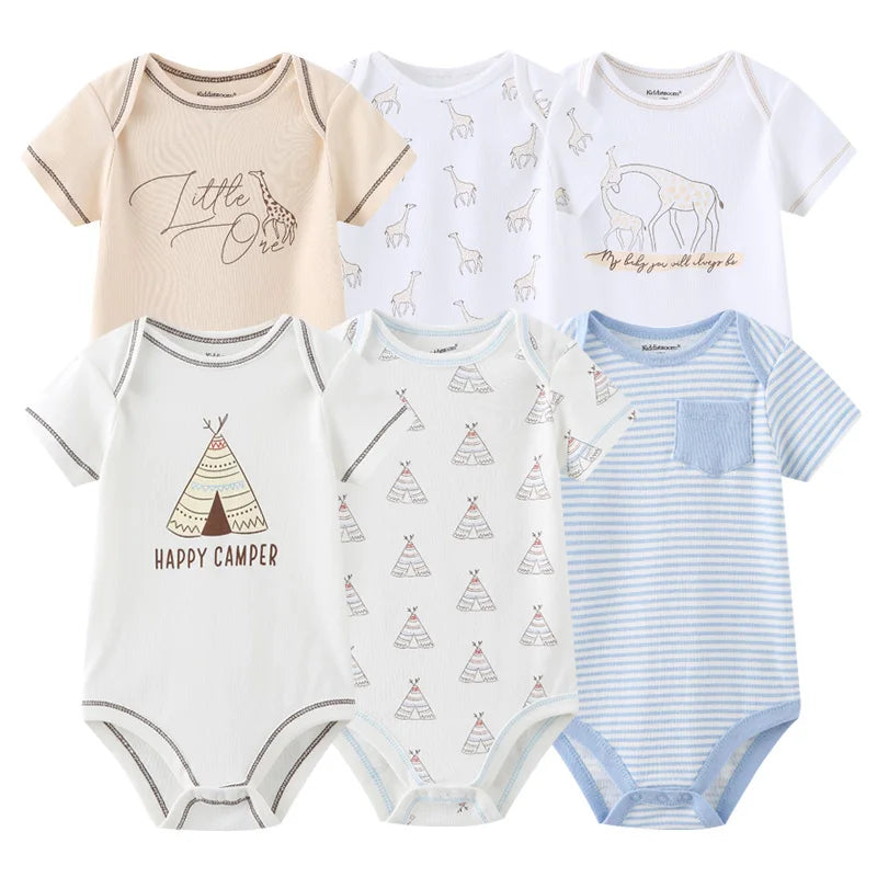 Baby Cotton Bodysuit Set, 6-Piece Short Sleeve Outfits with Envelope Shoulders and Snap Crotch for Boys and Girls, Sizes 3M-12M