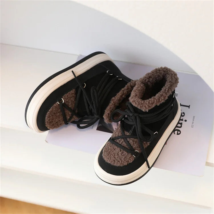 Toddler Fuzzy Trim Ankle Boots with Lace-Up Front and Side Zippers, Plush Winter Styling and Rubber Soles for Boys and Girls, Sizes 21–30