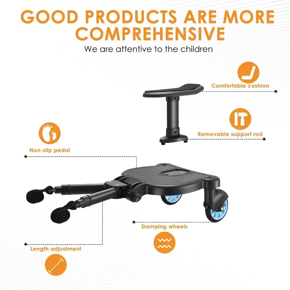 Stroller Ride-On Board with Detachable Seat, Sit or Stand Platform for a Second Child Ages 3-7, Single or Double Wheel Color Options
