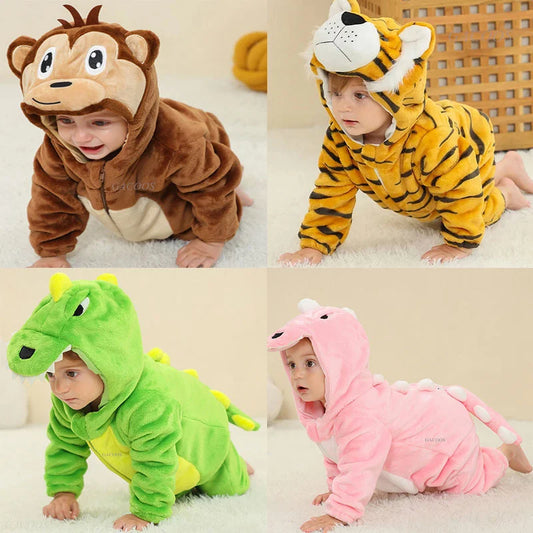 Animal Kigurumi Costume for Babies and Toddlers, Hooded Flannel Jumpsuit with Long Sleeves for Halloween Dress-Up and Family Photos