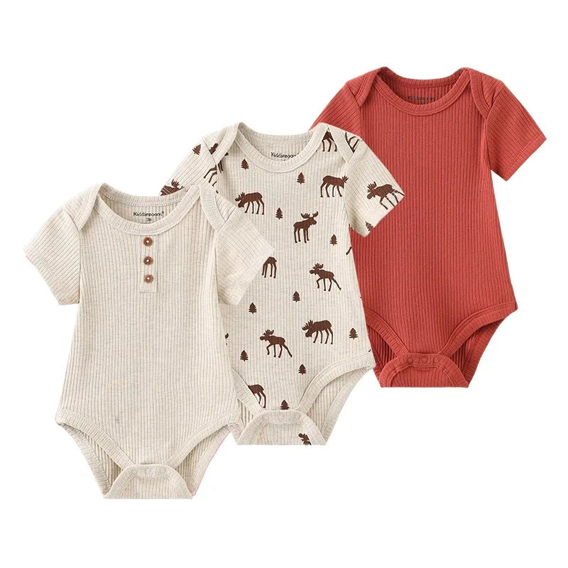 Cotton Infant Bodysuit Trio with Short Sleeves, Printed and Solid Baby One-Piece Outfits with Bottom Snaps for Boys and Girls, 3M-12M