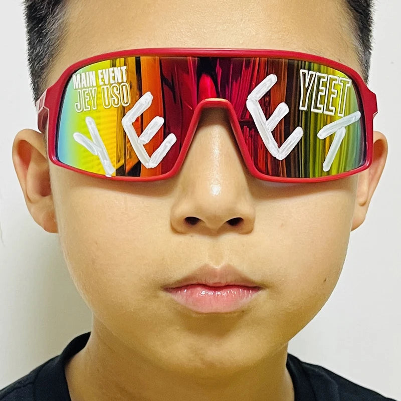 YEET Graphic Sunglasses with Jey Uso Main Event Lettering, Colorful Shield-Style Fan Shades in Children's and Adult Options for Party Outfits
