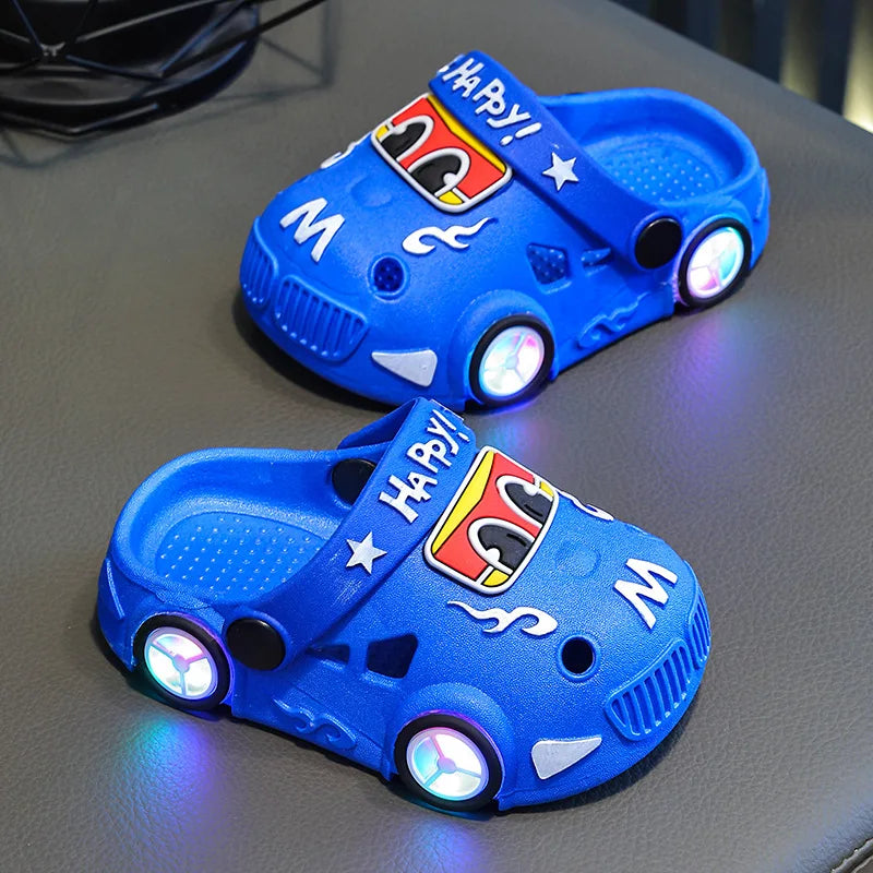 Kids Light-Up Car Clogs with Glowing Wheel Details, Ventilated Closed-Toe Design and Pivoting Heel Strap for Playful Summer Casual Outfits