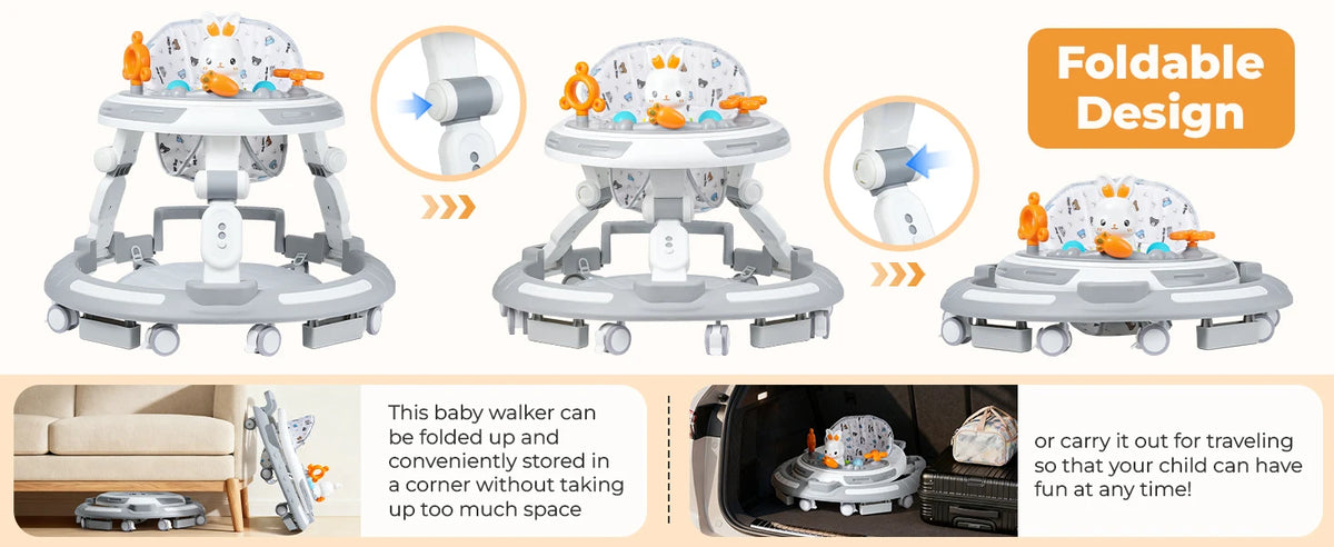 Baby Walker Activity Center in White, 4-in-1 Play Design with 3 Frame Height Settings, 5 Seat Adjustments and Wheeled Base for Indoor Use