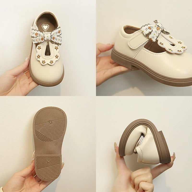 Girls Floral Bow T-Strap Shoes with Scalloped Flower Details and Round Toe, Black or Beige Dress Flats for School Outfits, Parties and Photos