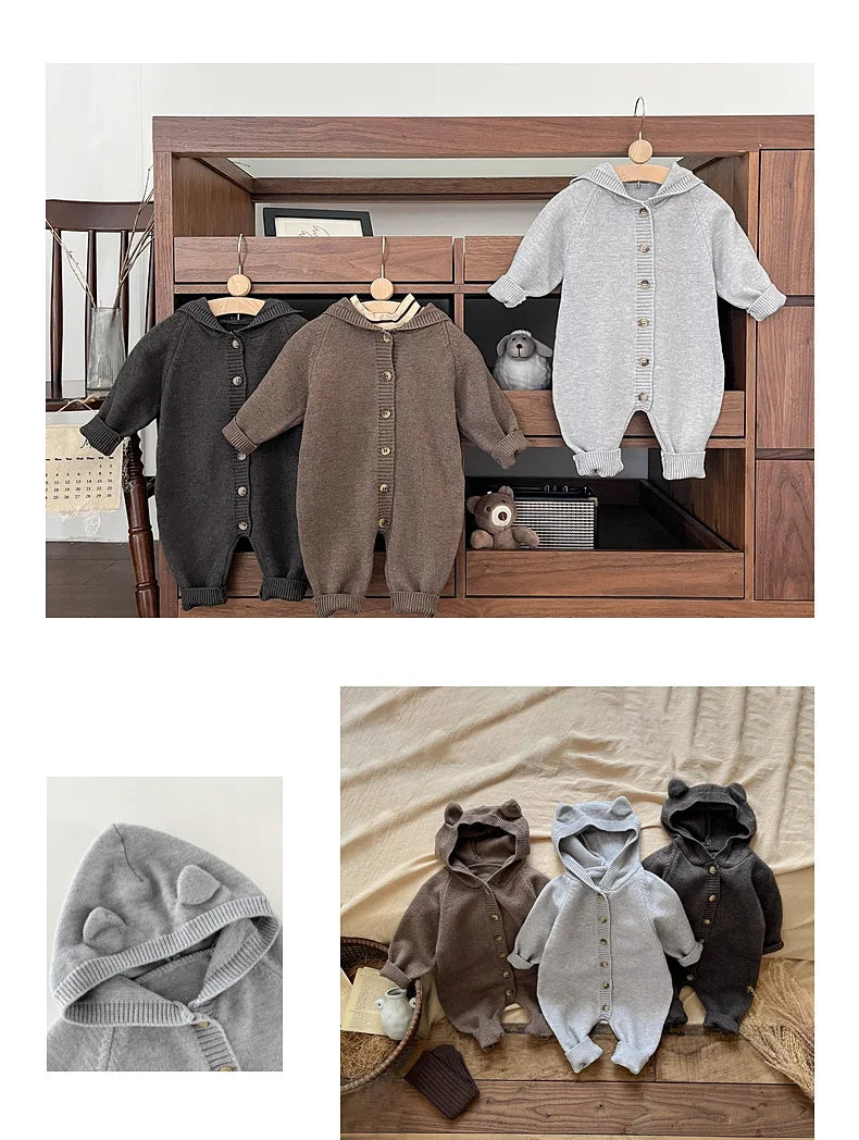 Round Ear Hooded Baby Knit Jumpsuit with Button Front and Ribbed Cuffs, Footless Spring and Fall Romper in Brown, Light Grey or Dark Grey