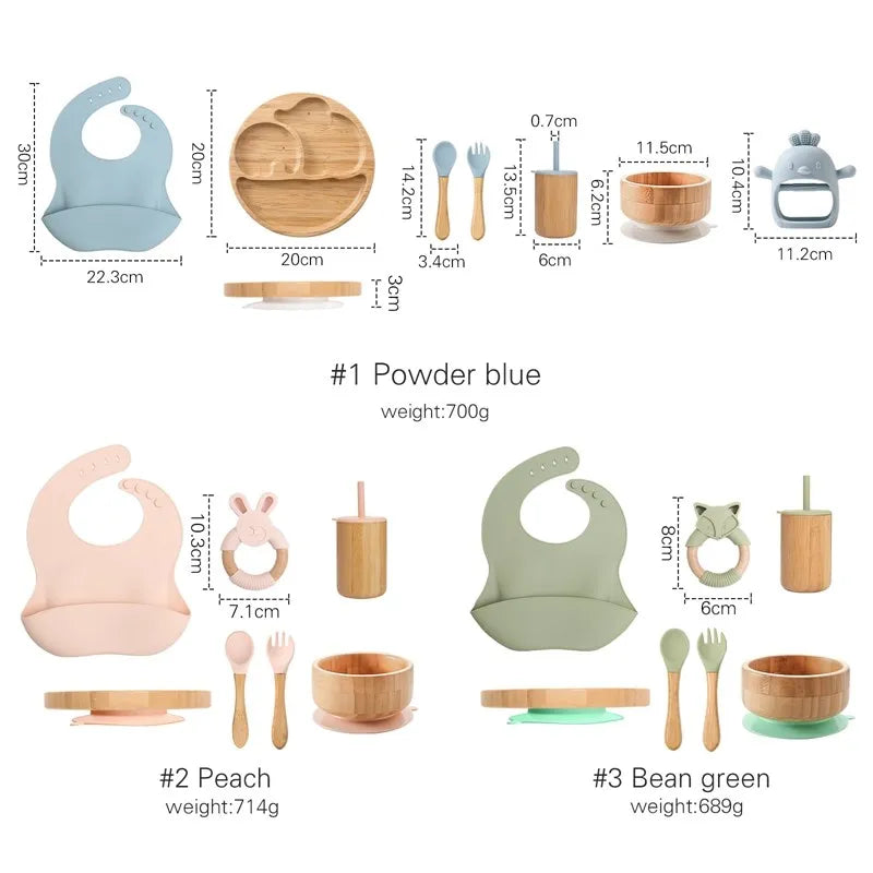 Bamboo Baby Tableware Set with Animal Plate Designs, Bowl, Cup and Wooden-Handle Utensil Options for Supervised Infant and Toddler Mealtimes