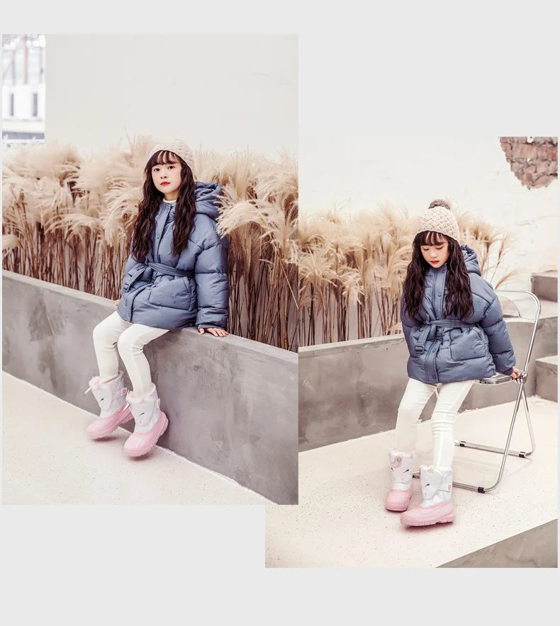 Kids Unicorn Winter Boots with Plush Trim, Gold-Tone Horn and Ear Details, Pink and White Fantasy-Themed Cold-Weather Footwear for Girls