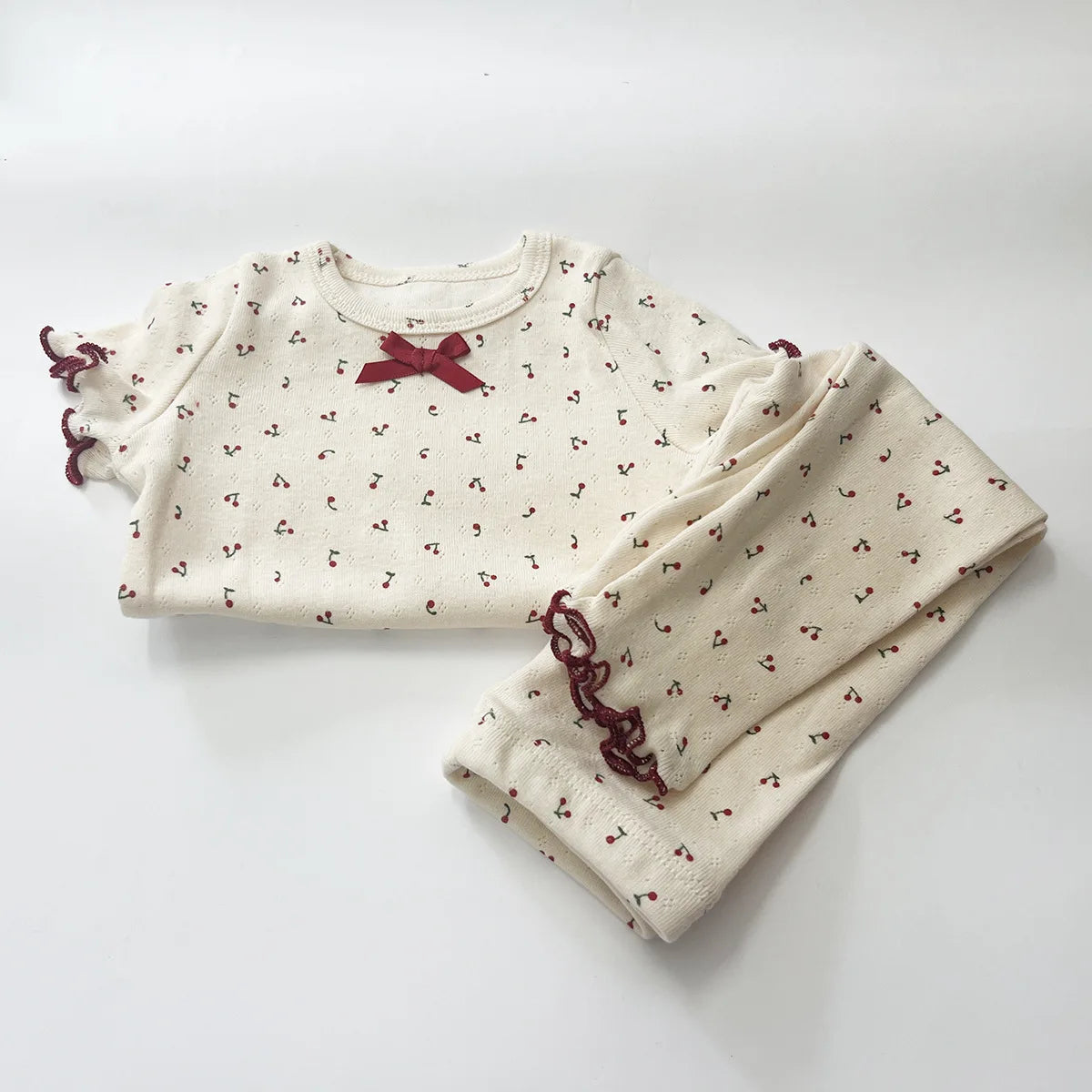 Cherry Print Girls Cotton Pajama Set, Cream Long Sleeve Top and Matching Pants with Red Picot Trim, Two-Piece Toddler Homewear, 1-6T