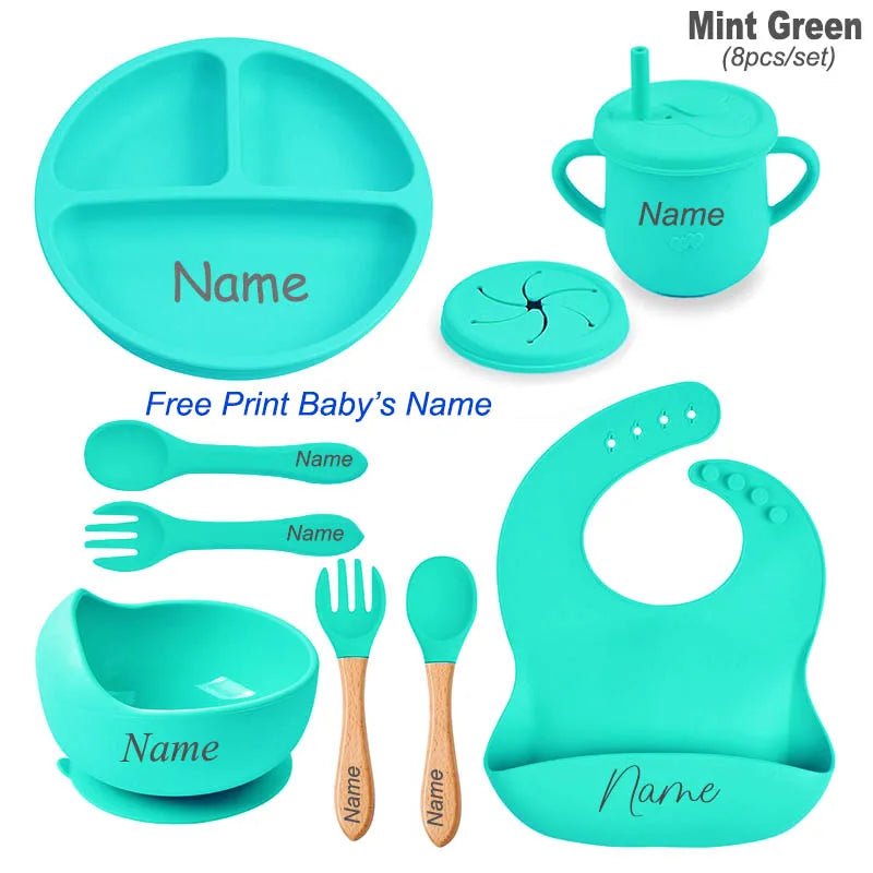 Personalized Silicone Baby Tableware Set, 8-Piece Collection with Divided Plate, Suction Bowl, Pocket Bib, Straw Cup and Two Utensil Pairs